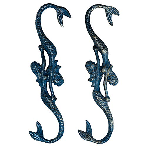 Sungmor Gusseisen Handarbeiten Elegant Mermaid S Hook | 2er Pack, 11,6 Zoll, Ozeanblau | Vintage Style dekorative Metall Haken | Gartenpflanze Kleiderbügel Ausgezeichnete Wohnkultur-Anwendung von Sungmor