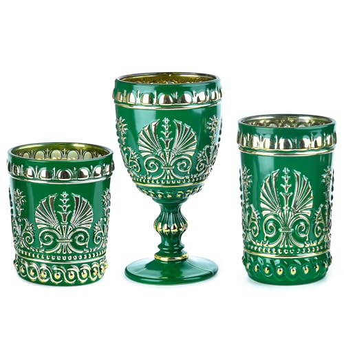 Sungmor Set von 3 Vintage geprägten Trinkgläsern, gepresstes Glas Stil Getränkebecher, Weinkelch & Highball Gläser & Lowball Gläser, grün & gold lackiert Cocktail Trinkgläser für Party, Bar von Sungmor