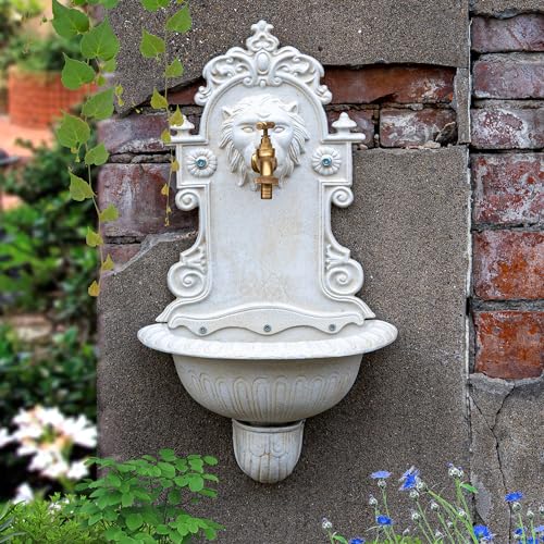 Sungmor Wandmontiertes Gartenwaschbecken für den Außenbereich, Badezimmer-Waschbecken aus Gusseisen mit Wasserhahn, klassisches Löwendekor mit Antik-Weiß-Finish, dekoratives Waschbecken für Terrasse von Sungmor