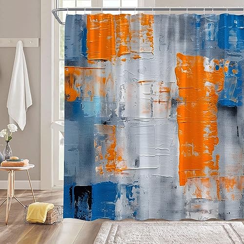 Blau Orange Duschvorhang Gebrannt Blau Orange und Grau Abstrakte Pinselstriche Ölgemälde Moderne Kunst Stoff Badezimmer Vorhang Sets mit Haken Badezimmer Dekor Stoff Vorhang mit Haken von Sunhe