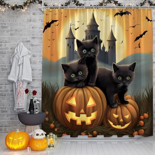 Halloween Gruseliger Duschvorhang Schwarze Katze Orange Kürbis Laterne Fledermaus Vollmond Gothic Schloss Vintage Halloween Urlaub Stoff Badezimmer Dekor Vorhang mit Haken von Sunhe
