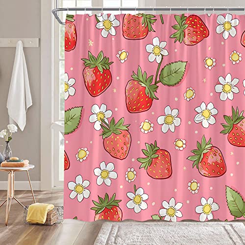 Niedlicher Erdbeer-Duschvorhang Rosa Schöne tropische Frucht Erdbeere Blumen Aquarell Sommer Natur Pflanzenstoff Badezimmer Dekor Vorhang mit Haken von Sunhe