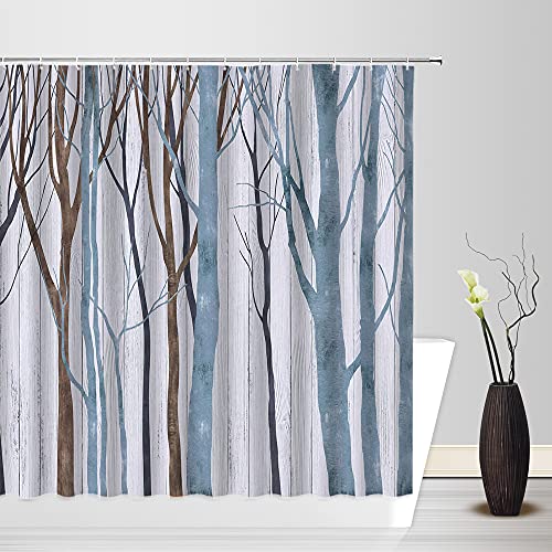 Sunhe Baum Duschvorhang Abstrakt Blau und Braun Birke Baum Stamm Herbst Wald Ast Winter Natur Rustikal Vintage Badezimmer Dekor Stoff Vorhang mit Haken von Sunhe