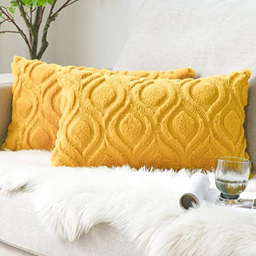 Sunia 2er Set Sofakissen aus Wollmischung Dekokissen Weihnachten Deko Kissenbezug Couchkissen Zierkissenbezug für Wohnzimmer Bett Sofa Schlafzimmer Couch 30x50 cm Gelb von Sunia