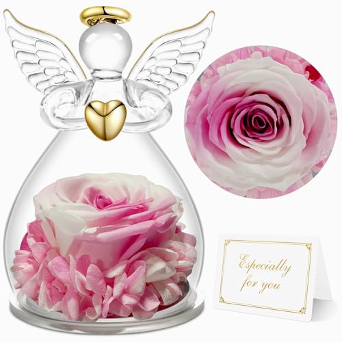 Sunia Geschenke für Frauen, Ewige Rose im Engel Figur Geschenke für Mama, Ewige Blume in Engel Glaskuppel, Echte Rote Rosen, Geburtstagsgeschenk für Frauen, Geschenke zum Muttertag, Oma Mama Geschenk von Sunia