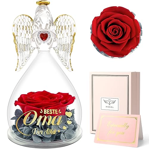 Sunia Geschenke für Oma, Beste Oma Geschenke，Engel Figur mit Spruch Beste Oma der Welt, Ewige Rose in Engel Glaskuppel, Ewige Blume Geschenk, Geburtstagsgeschenk für Oma, Geschenkideen für Oma von Sunia