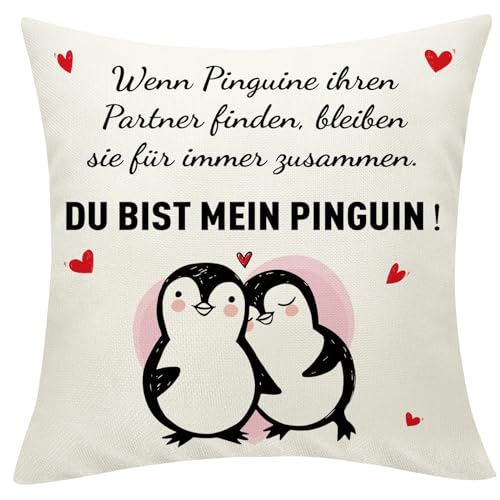 Sunia Pinguin Kissenbezug Geschenk, Jahrestag Geschenk für Ihn Sie, Kissenbezüge 45x45 cm, Dekokissenbezug mit Taschen, Liebe Geschenk, Weihnachten Männer Frauen Paare von Sunia