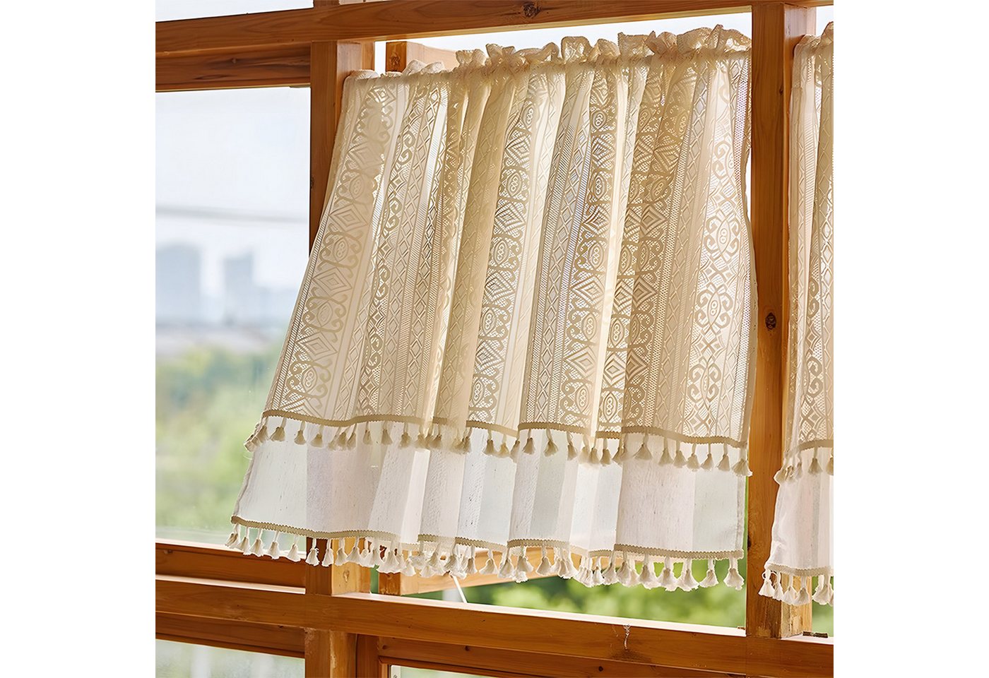 Sunicol Scheibengardine Vintage Quasten Boho gardinen kurz, Transparente Fenstervorhänge, (1 St), Voile Bistrogardine für Wohnzimmer Schlafzimmer Kinderzimmer von Sunicol