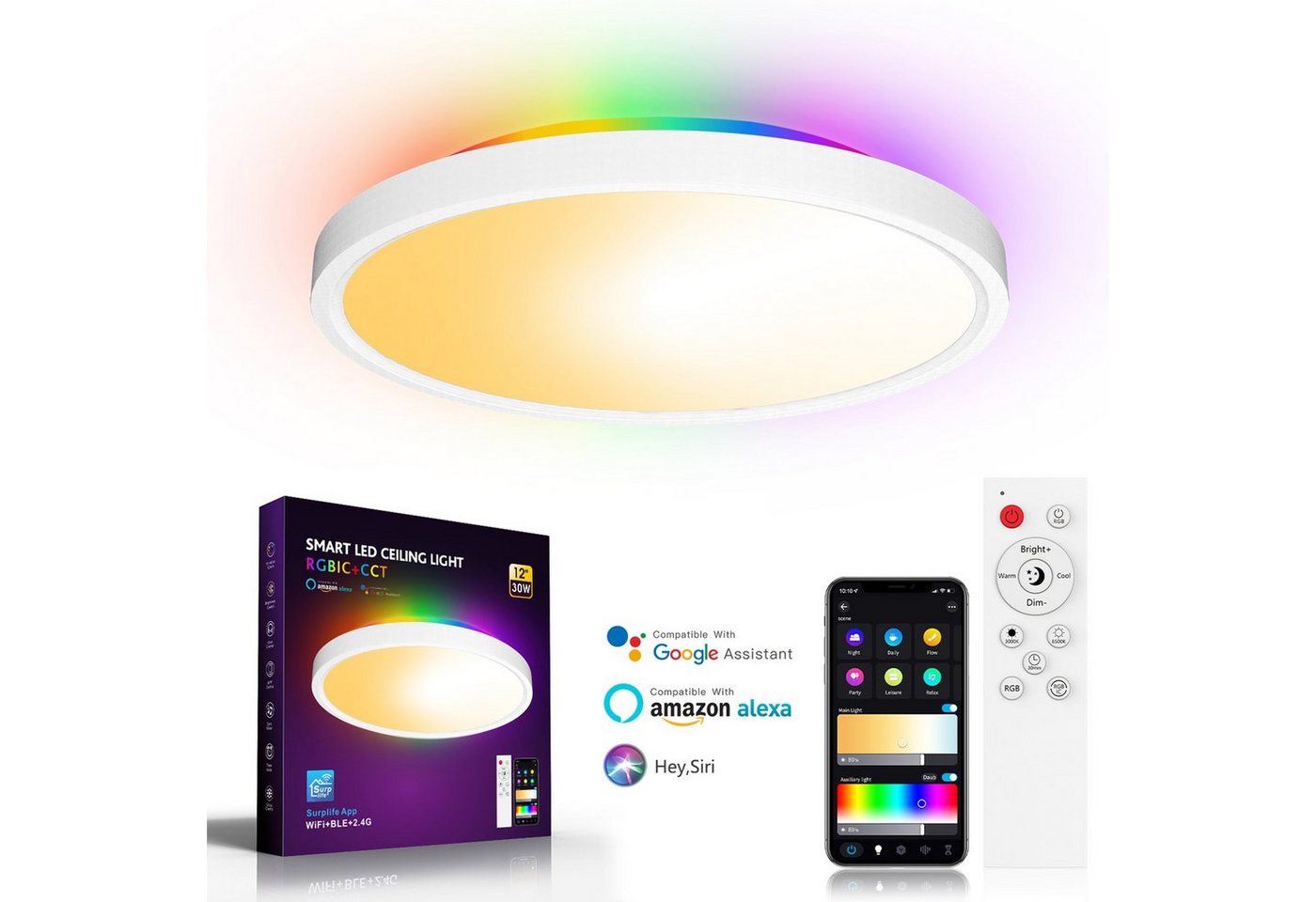 Sunicol LED Deckenleuchte Smart RGB Wifi Deckenleuchte mit Fernsteuerung, RGB Steuerbar via App, Kompatibel mit Alexa und Google Assistant, für Wohnzimmer Schlafzimmer Sunicol LED Deckenleuchte Smart RGB Wifi Deckenleuchte mit Fernsteuerung, RGB Steuerbar via App, Kompatibel mit Alexa und Google Assistant, für Wohnzimmer Schlafzimmer von Sunicol