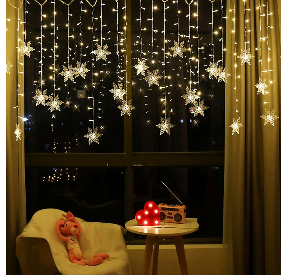 Sunicol Lichterkette Schneeflocke Weihnachtendeko LED Lichtervorhang, 8 Modi, Timer, 1.8M, mit Stecker, Warmweiß, Weiß, Mehrfarbig, Blau von Sunicol