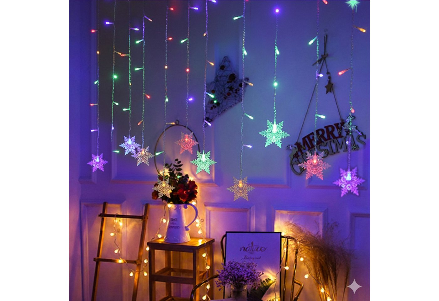Sunicol Lichterkette Schneeflocke Weihnachtendeko LED Lichtervorhang, 8 Modi, Timer, 1.8M, mit Stecker, Warmweiß, Weiß, Mehrfarbig, Blau von Sunicol