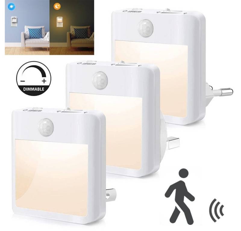 Sunicol LED Schreibtischlampe Dimmbar LED Nachtlicht mit Bewegungsmelder, Steckdose Nachtlampe, 3 Modi Auto EIN/AUS Warmweiß Treppen Licht Steckdosenlicht von Sunicol