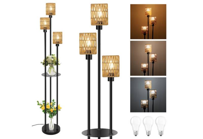 Sunicol Stehlampe Rattan Stehlampe mit Metall Regal, mit 3 Glühbirnen, 3 Farbtemperatur, LED wechselbar, 3-Wege Fußschalter, für Schlafzimmer Wohnzimmer, Höhe 175cm von Sunicol