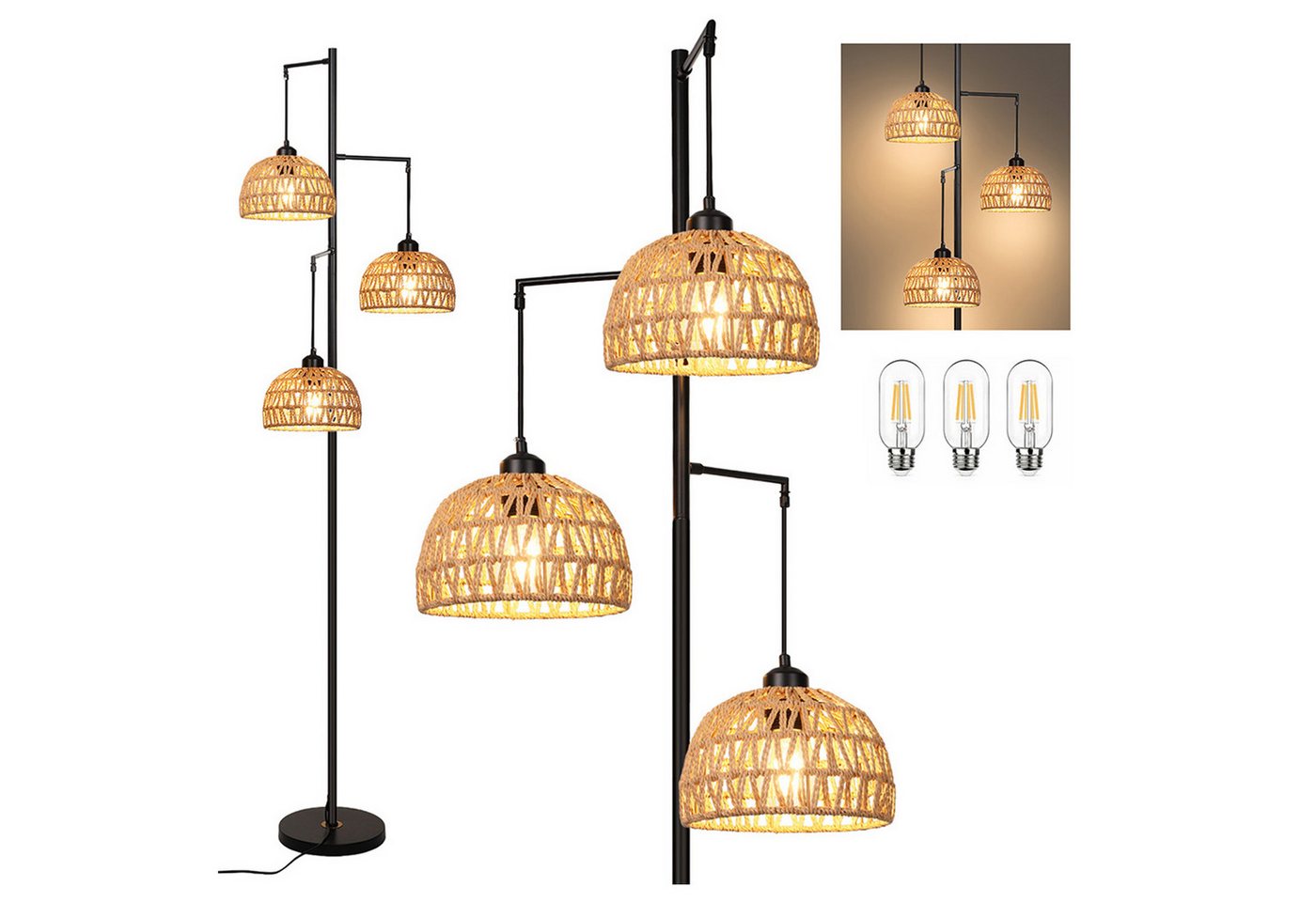 Sunicol LED Stehlampe Boho Rattan Stehlampe für Schlafzimmer Wohnzimmer mit Fußschalter, Vintage 3 Flammige Stehleucht, Höhe 183cm Sunicol LED Stehlampe Boho Rattan Stehlampe für Schlafzimmer Wohnzimmer mit Fußschalter, Vintage 3 Flammige Stehleucht, Höhe 183cm von Sunicol