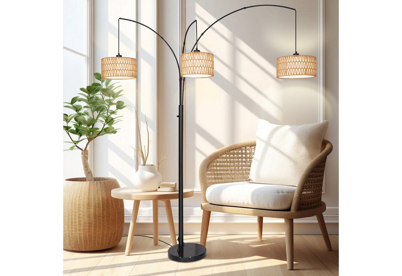 Sunicol LED Stehlampe Marmorsockel 3-flammige Rattan Bogenlampe mit Doppelter Lampenschirm, Boho Stehleuchte mit 3 LED-Glühbirne für Wohnzimmer Schlafzimmer Sunicol LED Stehlampe Marmorsockel 3-flammige Rattan Bogenlampe mit Doppelter Lampenschirm, Boho Stehleuchte mit 3 LED-Glühbirne für Wohnzimmer Schlafzimmer von Sunicol