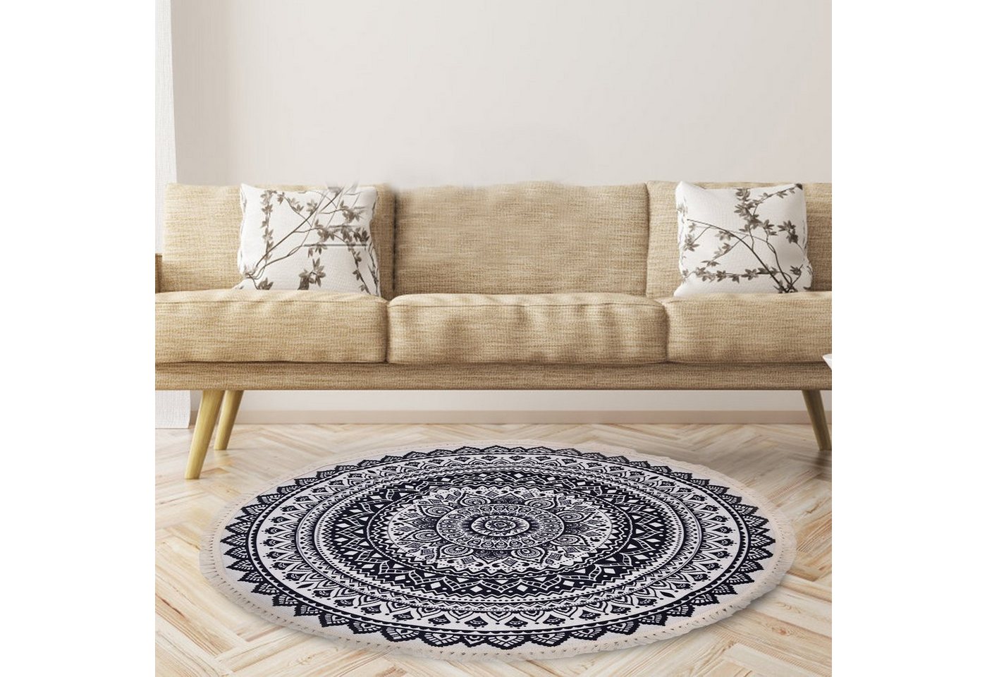 Sunicol Teppich Vintage Quaste Marokko Rund Teppich, Geometrische Bodenmatte, Waschbar, Boho Flachgewebe Teppich für Wohnzimmer, Schlafzimmer, Eingang, Garten von Sunicol
