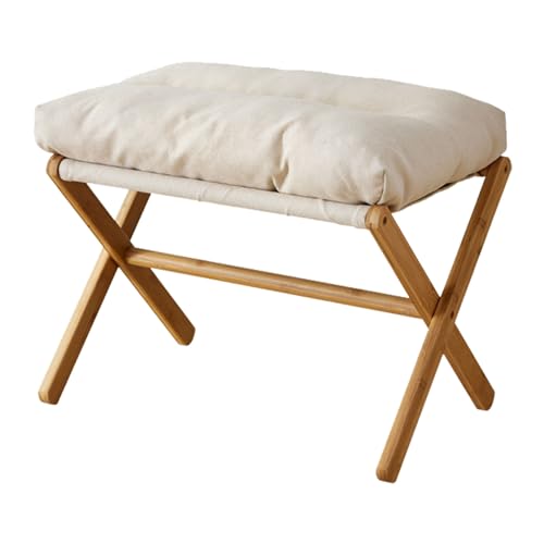 Sunicon Faltbare Fußstütze für Sofa Ottomane, fußhocker Wohnzimmer Bambus Fußstütze hölzerne Schuhwechsel Hocker faltbar Holz Fußhocker Tritthocker mit abnehmbaren Samt Stoff Kissen (Beige) von Sunicon
