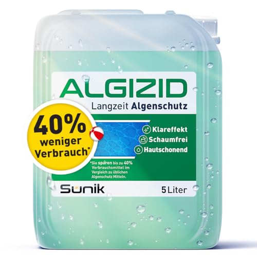 Sunik® Algizid für Pool 5L - vorbeugendes Pool Algenmittel schaumfrei mit Klareffekt für Algen im Whirlpool & Schwimmbad - Pool Algizid mit hoher Wirkstoffkonzentration - Algenvernichter Pool von Sunik