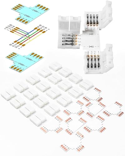 28Packs 20Pcs 4 poligen LED Verbinder mit 8 Pcs Doppelseitigen Schneidbaren T-Form-Verbindern für 10mm Breite RGB 5050 Flexible LED-Band-Verbinder (20Pcs Clips Plus 8Pcs PCB) von Sunity