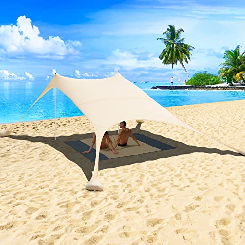 2,4x2,4m Beach StrandZelt, Strandmuschel Sonnenschutz Zelt für Strand mit UV-Schutz UPF 50+ Sun Shade Shelter, Sonnensegel Camping Plane, mit Picknickdecke und Sandsack Anchor (Beige) von Sunix