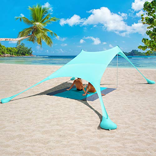 2,4x2,4m Beach StrandZelt mit Picknickdecke und Sandsack Anchor, Strandmuschel Sonnenschutz Zelt für Strand mit UV-Schutz UPF 50+ Sun Shade Shelter, Sonnensegel Camping Plane (Türkis) von Sunix