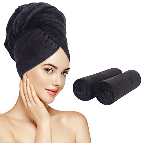 Sunland Mikrofaser-Haarhandtuch für Frauen, super saugfähig, schnell trocknend, magischer Haarturban zum Trocknen Langer Haare, weich und groß 51x101cm 2 Stück Schwarz von Sunland