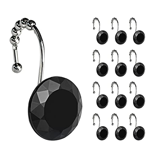 Sunlit Luxus-Design, runde schwarze Diamant-Kristallsteine, glitzernd, mit Gleitkugeln, Duschvorhanghaken, rostfreie Metall-Strasssteine, glamouröse Duschvorhangringe, 12 Stück von Sunlit