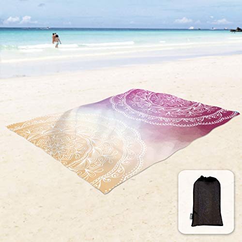 Sunlit Mandala Design Silky Soft Sand Free Beach Blanket Sandproof Mat with Corner Pockets and Mesh Pocket 215 x 183 cm for Beach Party, Travel, Camping and Outdoor Music Festival, Purple Orange von Sunlit