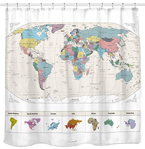 Sunlit NEU! Weltkarte Duschvorhang mit detaillierten Großstädten PVC-frei, ungiftig und geruchlos, wasserabweisend. Große Wohndekoration. Wandkarte, 182,9 x 182,9 cm von Sunlit