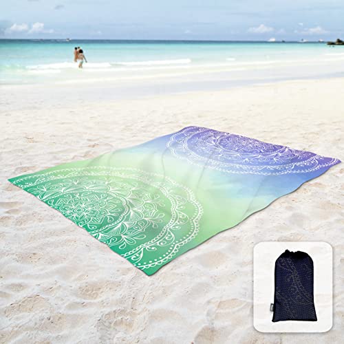 Sunlit Seidig weiche 269.2x205.7 cm Boho-Sanddichte Stranddecke Sanddichte Matte mit Ecktaschen und Netztasche für Strandparty, Reisen, Camping und Outdoor-Musikfestival, Blau Violett Meergrün Mandala von Sunlit