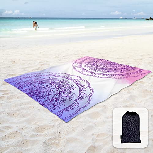 Sunlit Seidig weiche Stranddecke, Boho, sanddicht, 215.9x182.9 cm, sanddichte Matte mit Ecktaschen und Netztasche für Strandparty, Reisen, Camping und Outdoor-Musikfestival, lila Linien, rosa Mandala von Sunlit