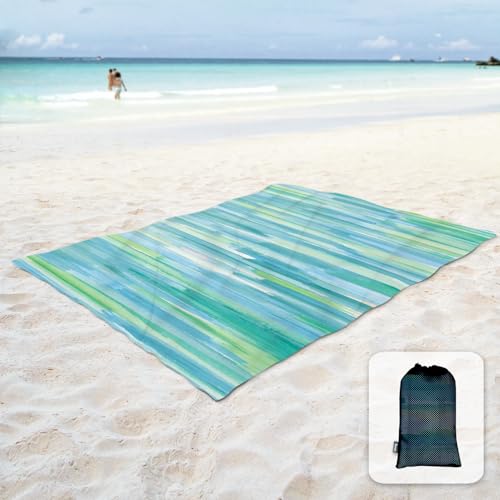 Sunlit Weiche sanddichte Stranddecke mit Ecktasche und Netztasche für Strand, Party, Reisen, Camping und Outdoor, Aquarellmalerei, Ombré-Grün, 269,2 x 205,7 cm von Sunlit