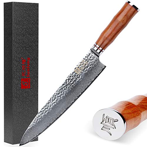 Sunlong Japanese Damascus Kochmesser 25cm - High Carbon Edelstahl Kochmesser - Japanese 67 Layers VG10 - Roaewood Griff von Sunlong