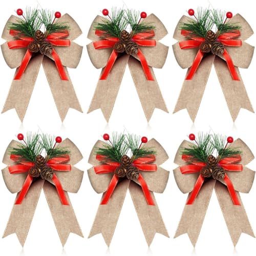 Sunmeit 12 Stück Weihnachtsschleifen Aus Sackleinen mit Tannenzapfen und Tannennadeln, Karierte Weihnachtsschleifen Aus Band, Schleifen für Den Weihnachtsbaumschmuck Sunmeit 12 Stück Weihnachtsschleifen Aus Sackleinen mit Tannenzapfen und Tannennadeln, Karierte Weihnachtsschleifen Aus Band, Schleifen für Den Weihnachtsbaumschmuck von Sunmeit