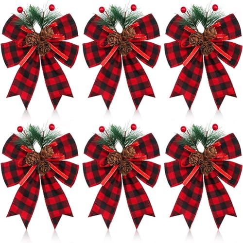Sunmeit 12 Stück Weihnachtsschleifen in Schwarz und Rot mit Tannenzapfen und Tannennadeln, Kariertes Weihnachtsband, Schleifen für Den Weihnachtsbaumschmuck Sunmeit 12 Stück Weihnachtsschleifen in Schwarz und Rot mit Tannenzapfen und Tannennadeln, Kariertes Weihnachtsband, Schleifen für Den Weihnachtsbaumschmuck von Sunmeit