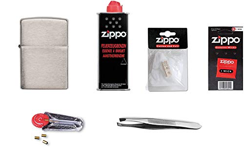 Zippo Erstausstattungs-Set: Zippo Feuerzeug Chrom + Benzin, Feuersteine, Docht, Watte, und Pinzette von Sunmondo + Zippo