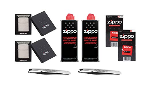 Zippo Set 4 enthält 2X Feuerzeuge, 2X Benzin, 2X Dochte und 2X Pinzetten von Sunmondo + Zippo