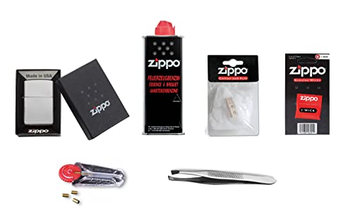 Zippo Zubehör Set : 1xZippo Chrom Poliert 1x Benzin, 1x Feuersteine 1x Docht 1x Watte + Pinzette (Set 11) von Sunmondo + Zippo