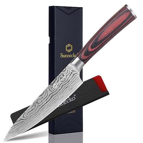 Sunnecko 14cm Küchenmesser Kochmesser Profi Messer - Klein Küchenmesser Edelstahl Fleischmesser mit Pakkaholz Griff Allzweckmesser Küche Scharf Klinge mit Geschenkbox von Sunnecko