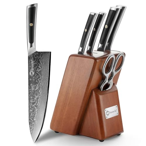 Sunnecko 6pcs Damastmesser Messerblock mit Messer, Messerblock Set Küchenmesser Block Messerblocksets Messerset von Sunnecko
