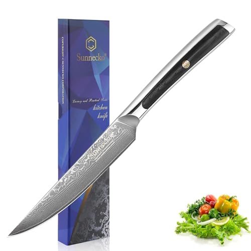 Sunnecko 13cm Gemüsemesser Damastmesser Damaststahl Küchenmesser - Japanischer VG-10 Cored & 73-Schichten Damaststahl Klinge & G10 Griff Messer Scharf Allzweckmesser - Elite Series. von Sunnecko