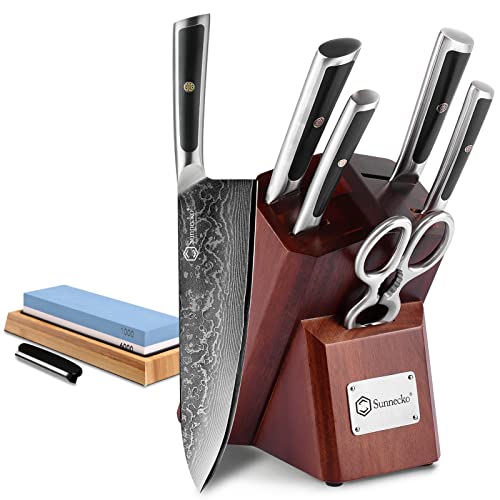 Sunnecko Damastmesser Messerblock 7tlg Messer Set - Japanischer VG10 Cored&67-Schichten Damaststahl Klinge Ergonomischer Griff, Messerset mit küchenschere Schleifstein & Akzienholz Block Sonne Serie von Sunnecko