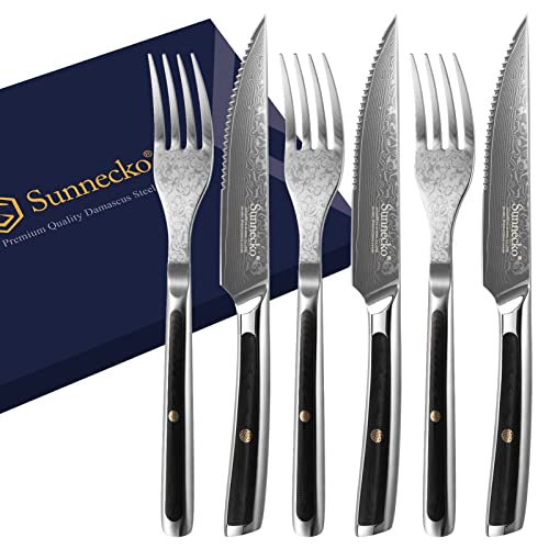 Sunnecko Steakbesteck Set Steakmesser Set - 6pcs Damast Steakbesteck Set für 3 Personen Damast Steakgabel Steakmesser 6er Set Damastmesser Damastgabeln G10 Steak Besteck Set von Sunnecko