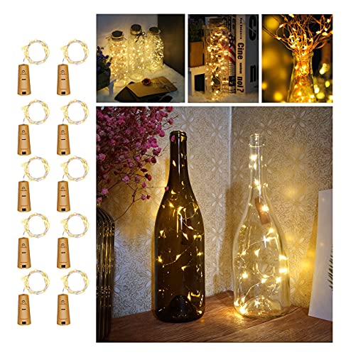 Sunniu 10 Stück LED Flaschenlicht, 20 LEDs 2M Lichterkette Kupferdraht batteriebetriebene Weinflasche Lichter mit Kork Schnurlicht für DIY Deko Weihnachten Party Urlaub Stimmungslichter (Warmweiß) von Sunniu