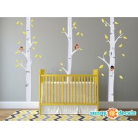 Birke Baum Stoff Wand Abziehstoffe Mit Eulen & Blätter, Set Von 3 Birken, Gelb Und Grau, Repositionierbar, Wiederverwendbar, Nicht Giftig Sonnigen von SunnyDecals