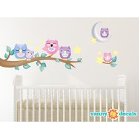 Eule Stoff Wand Abziehbar, Set Von 6 Eulen Mit Zweig, Sterne Und Mond, 2 Verschiedene Farben Zur Auswahl, Repositionierbar Wiederverwendbar von SunnyDecals