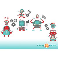 Roboter Wandaufkleber Jumbo Kindergarten Und Kinderzimmer Mit Sieben Großen Robotern, Zahnrädern Mehr Von Sunny Decals - Kostenloser Versand von SunnyDecals