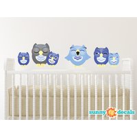 Verschlafene Eule Stoff Wand Aufkleber, Set Von 6 Eulen, Repositionierbar Und Wiederverwendbar, Dunkelblau, Hellblau Grau, 2 Größen Zur Auswahl von SunnyDecals