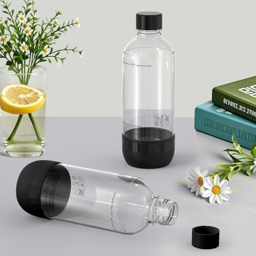 SunnyOcean 2er-Pack 1L Sprudelwasserflaschen, PCTG, hitzebeständig bis 110°C, BPA-frei, spülmaschinenfest, kompatibel mit Soda Maker, für Zuhause & unterwegs – Schwarz von SunnyOcean