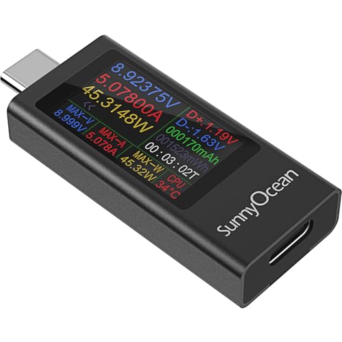 SunnyOcean USB C Tester Messgerät, Typ-C Digital Multimeter, 4-30V 0-12A 0-360W PD Voltmeter Strommessgerät Power Meter, USB Kapazität Spannungsprüfer, Leistungskapazität Detektor SunnyOcean USB C Tester Messgerät, Typ-C Digital Multimeter, 4-30V 0-12A 0-360W PD Voltmeter Strommessgerät Power Meter, USB Kapazität Spannungsprüfer, Leistungskapazität Detektor von SunnyOcean